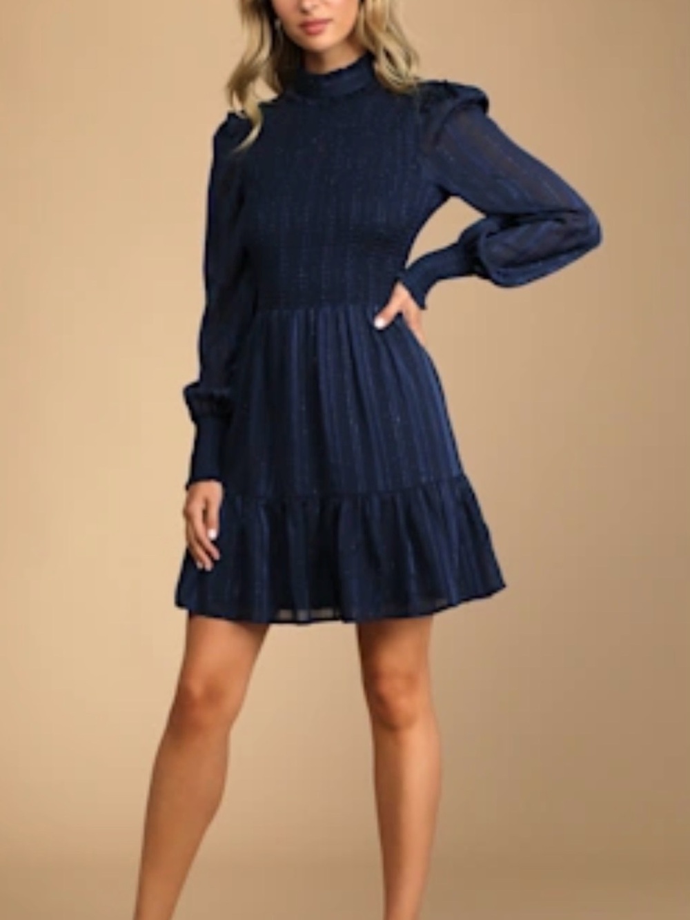 Lulu's Navy Long-Sleeve Ruffle-Hem Mini Dress